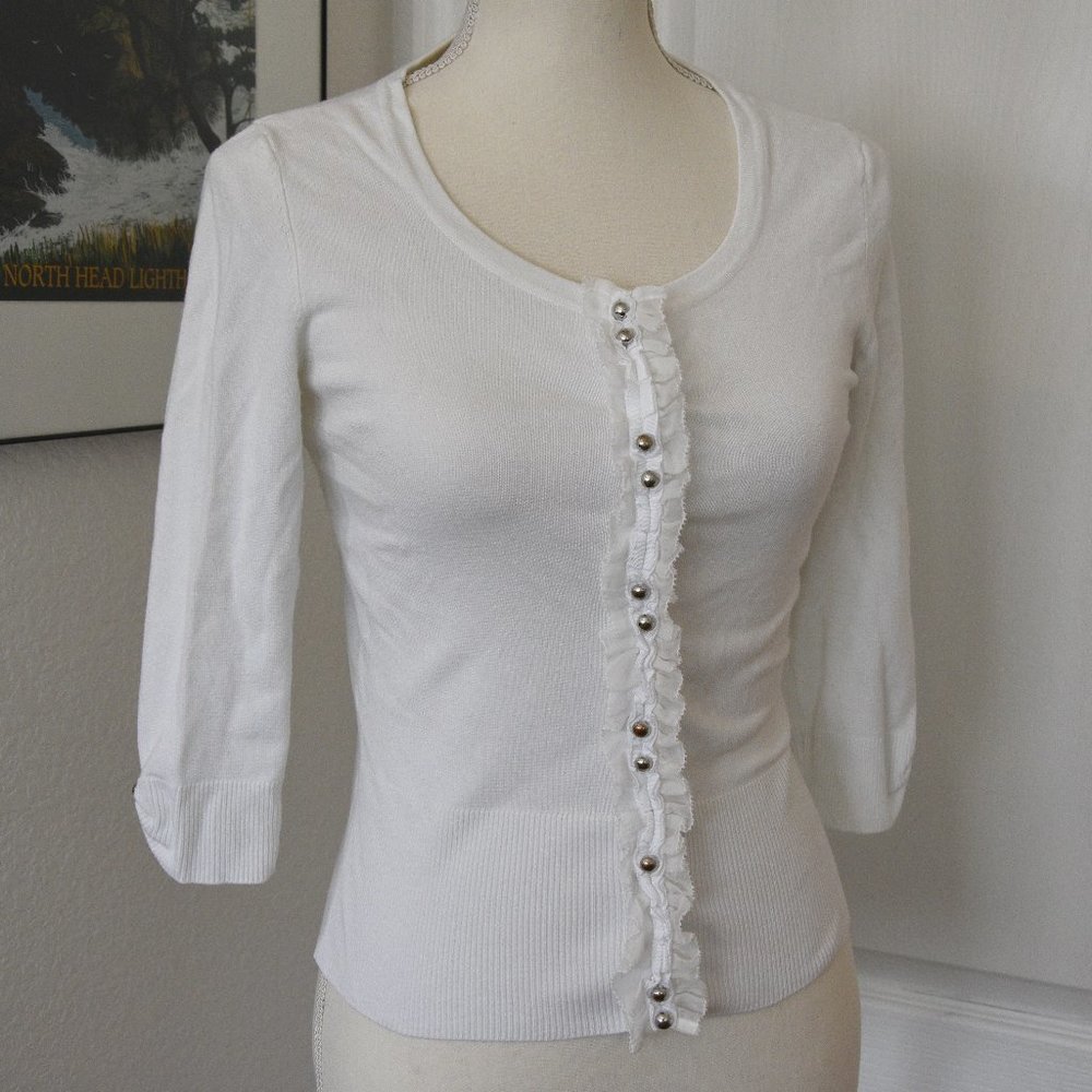 WHBM Ivory Cream Sweater Cardigan with Trim and Chrome Buttons XS